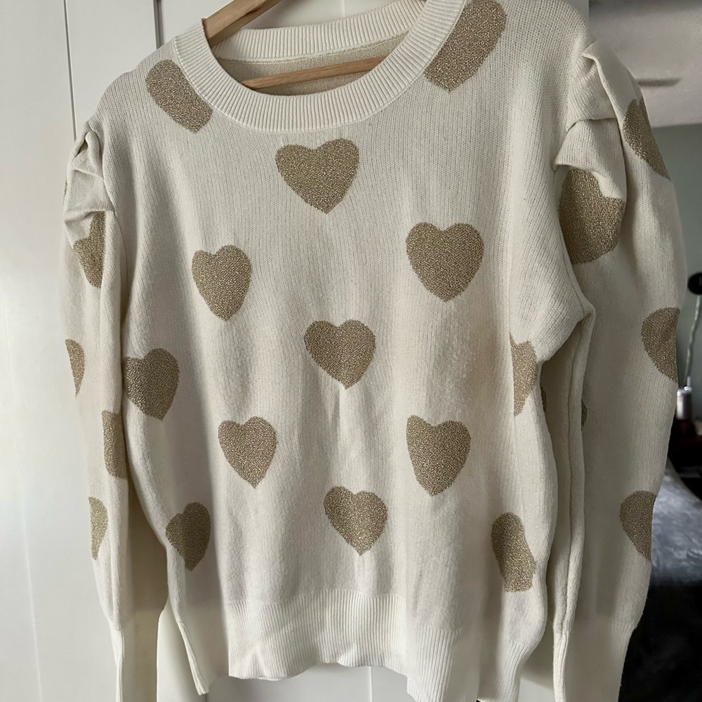 Women’s Cream Sweater with Gold Heart Pattern  and Puffed Sleeves Medium